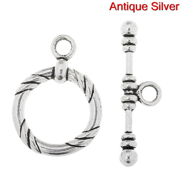 Sexy Sparkles 2 Sets Toggle Clasps Round Antique Silver Stripe Pattern 22mm