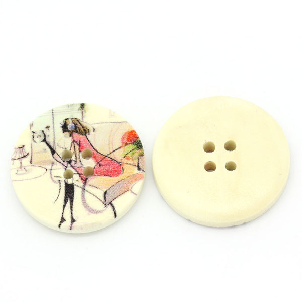 10pcs Wood Round Buttons Beautiful Girl Pattern Multicolor 3cm - Sexy Sparkles Fashion Jewelry - 1