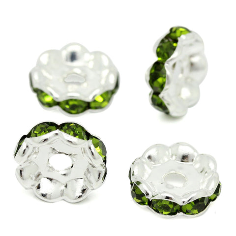 20 Pcs Green Rhinestone Rondelle Spacer Beads Round Silver Plated 10mm - Sexy Sparkles Fashion Jewelry - 3