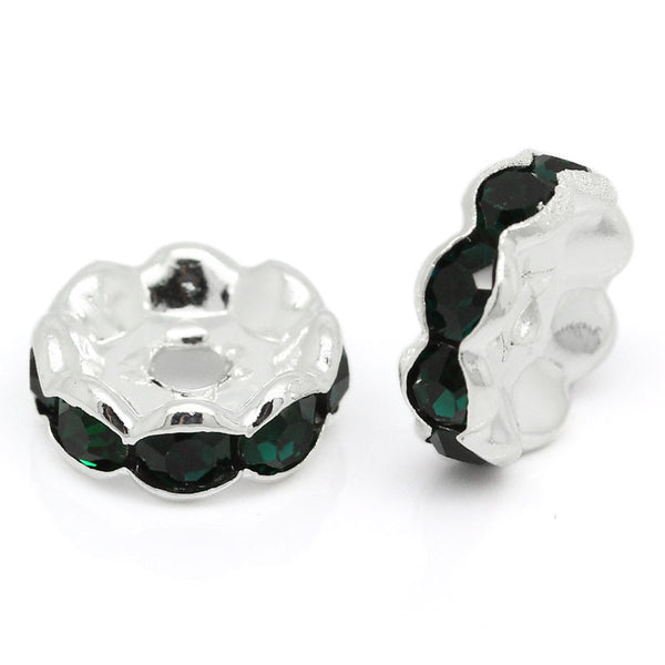 Sexy Sparkles 20 Pcs Dark Green Rhinestone Rondelle Spacer Beads Round Silver Plated 10mm