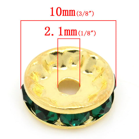 20 Pcs Dark Green Rhinestone Rondelle Spacer Beads Round Gold Plated 10mm - Sexy Sparkles Fashion Jewelry - 3