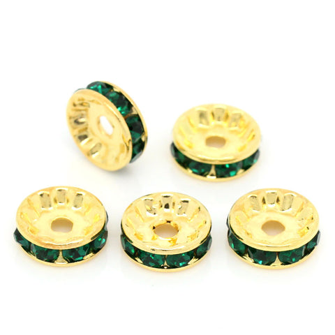 20 Pcs Dark Green Rhinestone Rondelle Spacer Beads Round Gold Plated 10mm - Sexy Sparkles Fashion Jewelry - 2