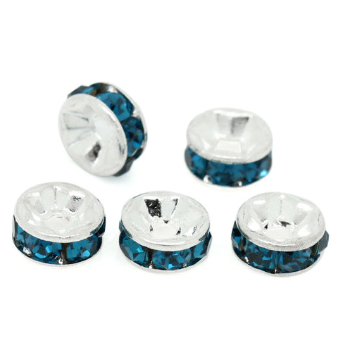 25 Pcs Blue Rhinestone Rondelle Spacer Beads Round Silver Plated 6mm - Sexy Sparkles Fashion Jewelry - 3
