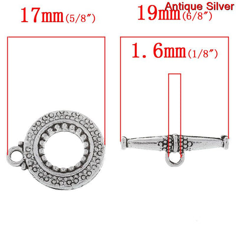 Sexy Sparkles 3 Sets Toggle Clasps Round Antique Silver Dot Pattern.