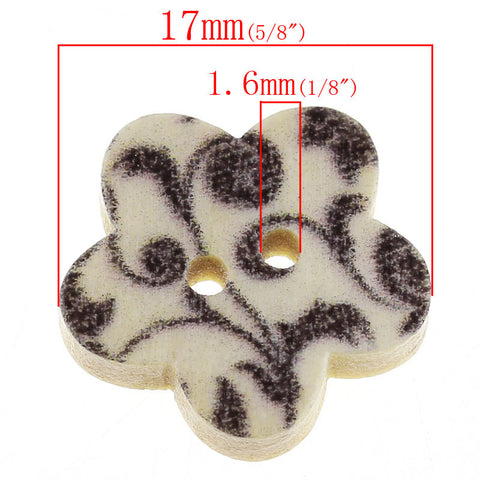 10 Pcs Flower Shaped Natural Wood Buttons with Black Leaf Pattern 17mm - Sexy Sparkles Fashion Jewelry - 3