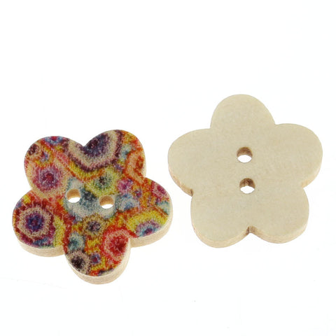 10 Pcs Flower Shaped Natural Wood Buttons with Multicolor Hexagon Pattern - Sexy Sparkles Fashion Jewelry - 2