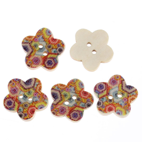 10 Pcs Flower Shaped Natural Wood Buttons with Multicolor Hexagon Pattern - Sexy Sparkles Fashion Jewelry - 1