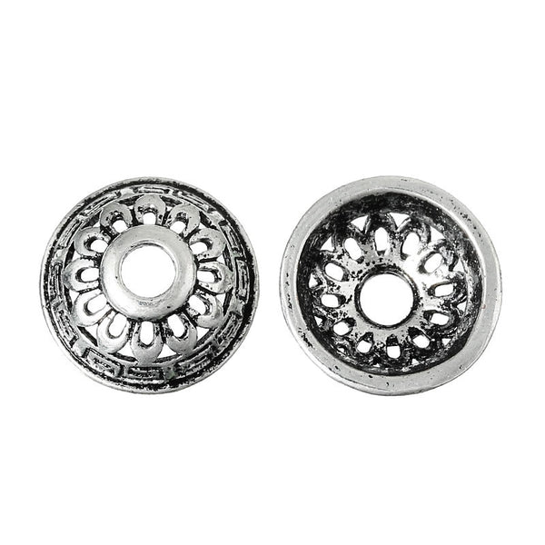 Sexy Sparkles 4 Pcs Copper Round Bead Caps with Flower Pattern Antique Silver 13mm