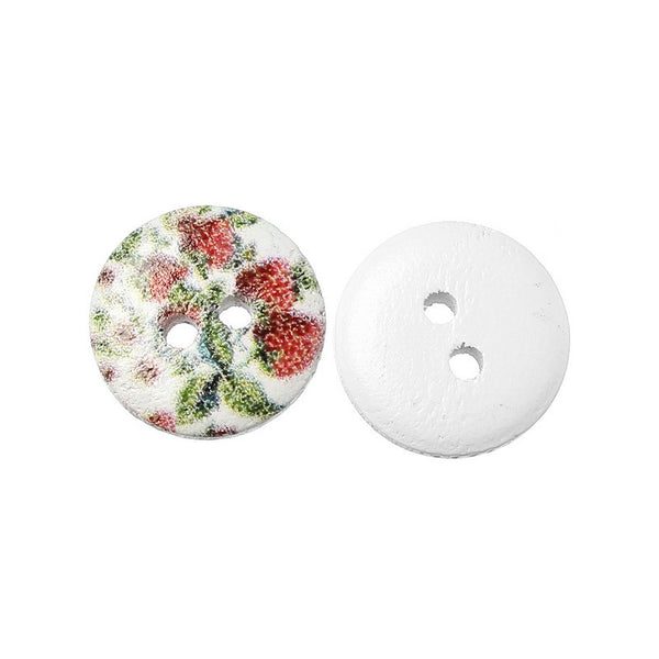 10 Pcs Round Wood Buttons Painted Red Green Strawberry Pattern 15mm - Sexy Sparkles Fashion Jewelry - 1