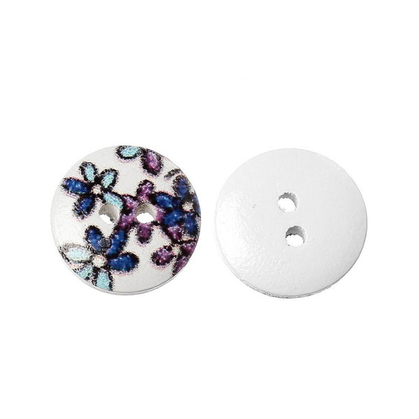 10 Pcs Round Wood Buttons White with Blue Purple Flower Pattern 15mm - Sexy Sparkles Fashion Jewelry - 1