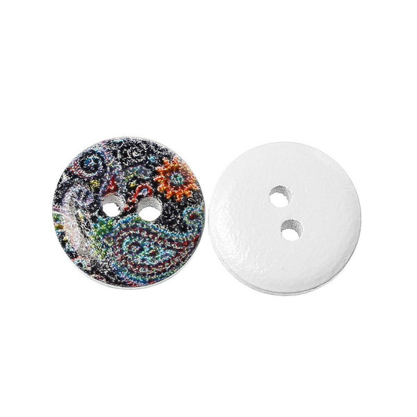 10 Pcs Round Wood Buttons Painted Multicolor Design 15mm - Sexy Sparkles Fashion Jewelry - 1