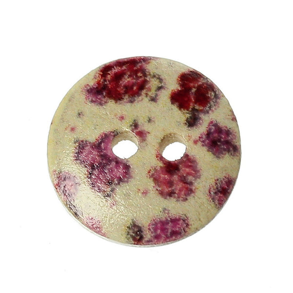 10 Pcs Round Wood Buttons Natural Pink Purple Flowers Pattern 15mm - Sexy Sparkles Fashion Jewelry - 1