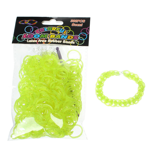 Sexy Sparkles 300 Pcs Rubber Bands DIY Loom Bracelet Making Kit with Hook Crochet and S Clips (Glitter Lime Green)