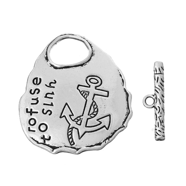 Sexy Sparkles 2 Sets Toggle Clasps Oval Antique Silver Anchor "Refuse to Slnh" Carved 4.4cm