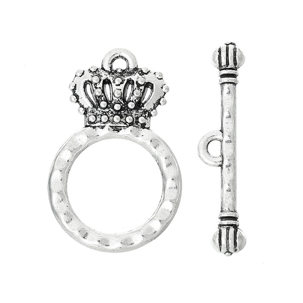 Sexy Sparkles Set of 2 Toggle Clasps Crown Antique Silver Tone 23mm