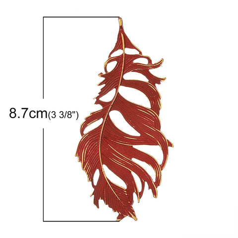 1 Pc. Feather Charm Pendant Gold Plated Red Enamel 87mm X 42mm - Sexy Sparkles Fashion Jewelry - 2