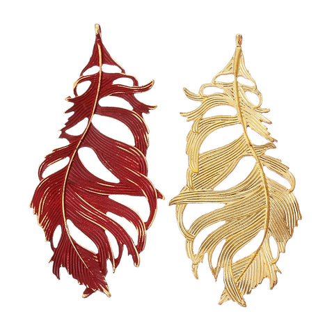 1 Pc. Feather Charm Pendant Gold Plated Red Enamel 87mm X 42mm - Sexy Sparkles Fashion Jewelry - 3
