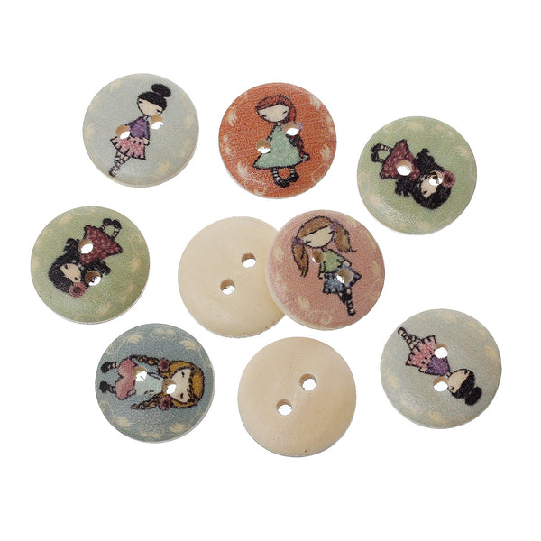 10 Pcs Wood Round Scrapbooking Sewing Buttons Multicolor Girl Design 15mm - Sexy Sparkles Fashion Jewelry - 1