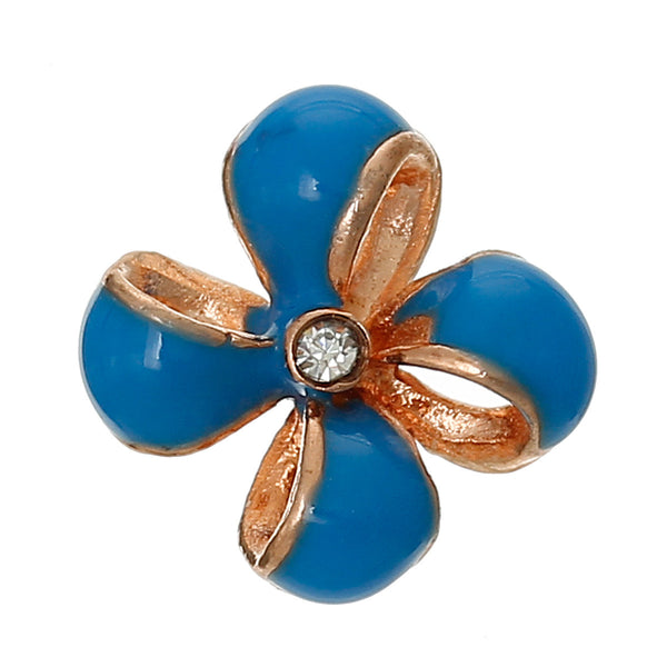 4 Pcs Enamel Blue Flower Embellishment Findings with Clear Rhinestone 12mm - Sexy Sparkles Fashion Jewelry - 1
