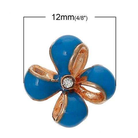 4 Pcs Enamel Blue Flower Embellishment Findings with Clear Rhinestone 12mm - Sexy Sparkles Fashion Jewelry - 2