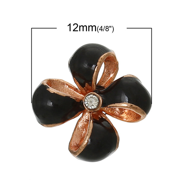 4 Pcs Enamel Black Flower Embellishment Findings with Clear Rhinestone 12mm - Sexy Sparkles Fashion Jewelry - 1