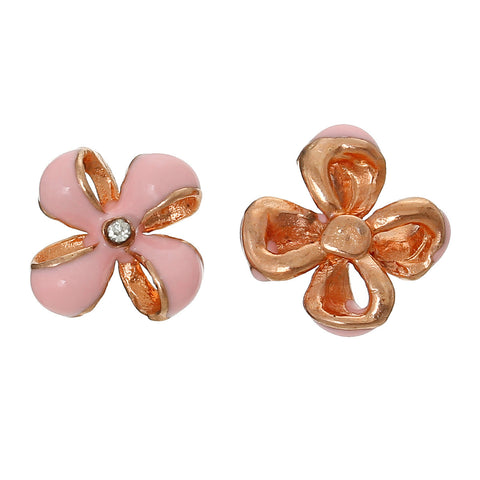 4 Pcs Enamel Pink Flower Embellishment Findings with Clear Rhinestone 12mm - Sexy Sparkles Fashion Jewelry - 3