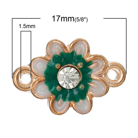 5 Pcs Enamel Green White Flower Connectors Findings with Clear Rhinestone 17mm - Sexy Sparkles Fashion Jewelry - 2