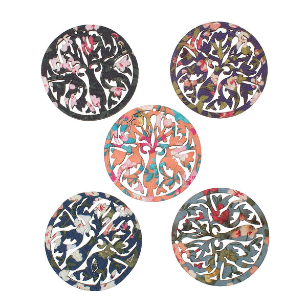 5 Pcs Round Wood Charm Pendants Flower Pattern Assorted Colors 46mm(1-6/8") - Sexy Sparkles Fashion Jewelry - 1