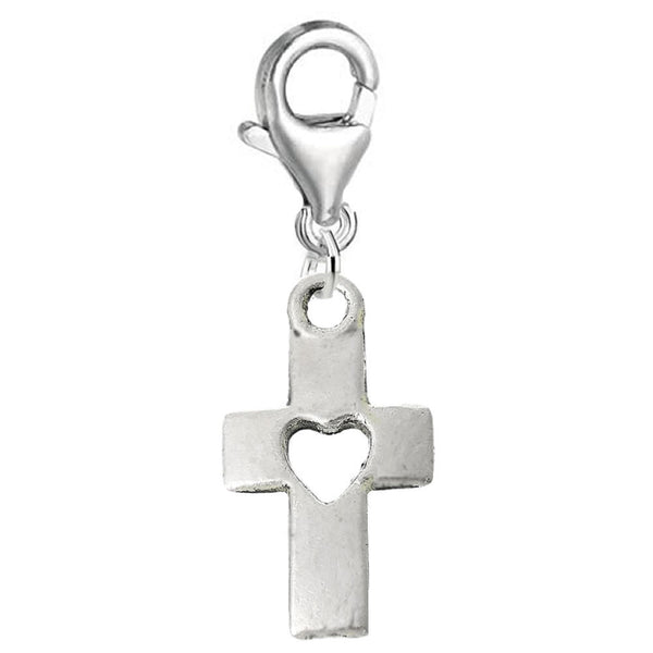 Dangling Religious "Cross w/ a Heart" Clip-on Bead for Charm Bracelet Lobster Claw Clasp Charm - Sexy Sparkles Fashion Jewelry