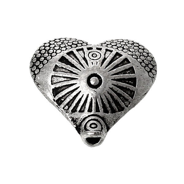 10 Pcs Heart Charm Beads Antique Silver Circle Ring Carved Pattern 12mm - Sexy Sparkles Fashion Jewelry - 1