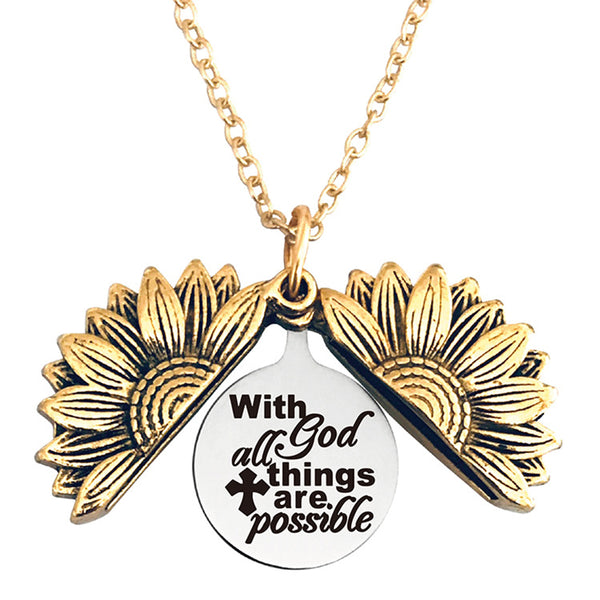 With god All Things are Possible Stainless Steel & Alloy Sunflower Link Necklace Double Sided Opens…