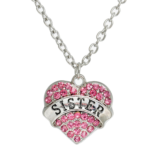Link Cable Chain Silver Tone " SISTER " Carved Heart Pendant With Pink Rhinestone