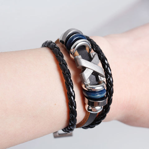 Women and Men's Real Leather Multilayer Bracelets Black Cord Metal Multicolor X Shape Beads - Sexy Sparkles Fashion Jewelry - 2