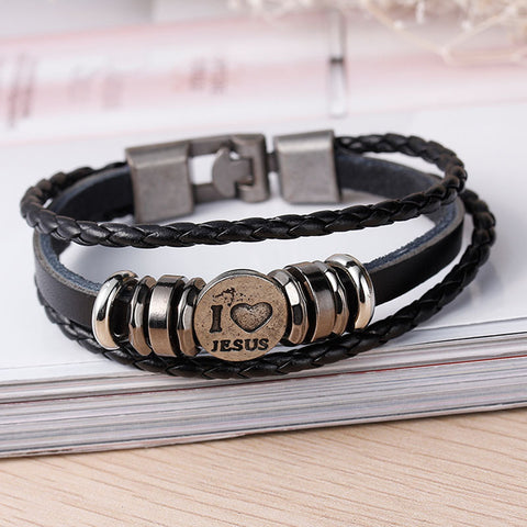 Women and Men's Real Leather Multilayer Bracelets Black Cord " I Love Jesus " Carved Metal Multicolor - Sexy Sparkles Fashion Jewelry - 3