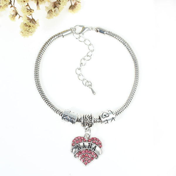 "Nana" European Snake Chain Charm Bracelet with Pink Rhinestones Heart Pendant and "Love" Spacer Beads