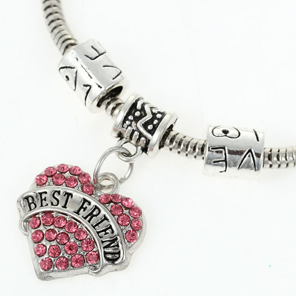 "Best Friends" European Snake Chain Charm Bracelet with Pink Rhinestones Heart Pendant and Love Spacer Beads - Sexy Sparkles Fashion Jewelry - 1