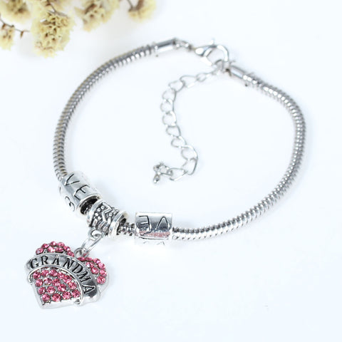 "Grandma" European Snake Chain Charm Bracelet with Pink Rhinestones Heart Pendant and Love Spacer Beads - Sexy Sparkles Fashion Jewelry - 2
