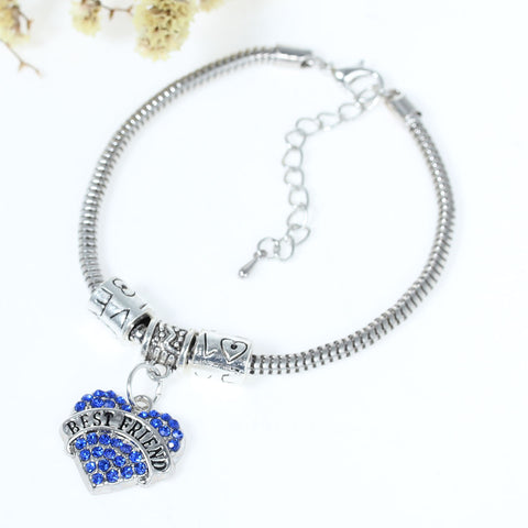 Copy of "Best Friends" European Snake Chain Charm Bracelet with Blue Rhinestones Heart Pendant and Love Spacer Beads - Sexy Sparkles Fashion Jewelry - 2