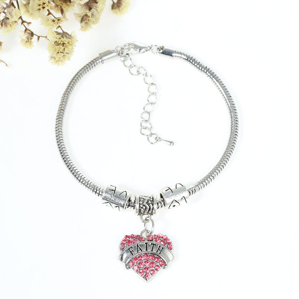 "Faith" European Snake Chain Charm Bracelet with Pink Rhinestones Heart Pendant and Love Spacer Beads - Sexy Sparkles Fashion Jewelry - 1