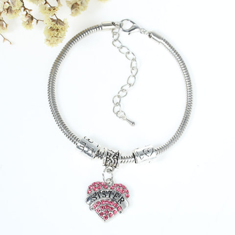 "Sister" European Snake Chain Charm Bracelet with Rhinestones Heart Pendant and Love Spacer Beads - Sexy Sparkles Fashion Jewelry - 3