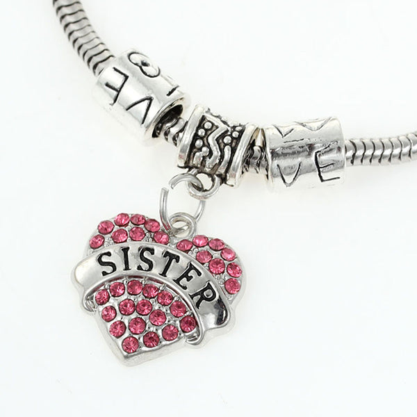 "Sister" European Snake Chain Charm Bracelet with Rhinestones Heart Pendant and Love Spacer Beads
