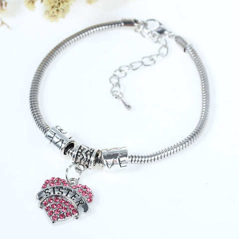 "Sister" European Snake Chain Charm Bracelet with Rhinestones Heart Pendant and Love Spacer Beads - Sexy Sparkles Fashion Jewelry - 2