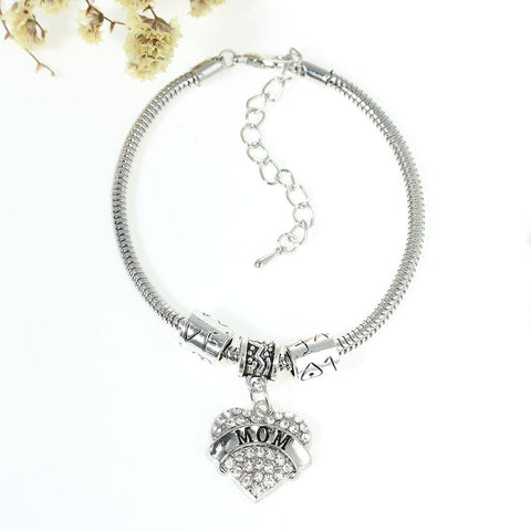"Mom" European Snake Chain Charm Bracelet with Clear Heart Pendant and Love Spacer Beads - Sexy Sparkles Fashion Jewelry - 3