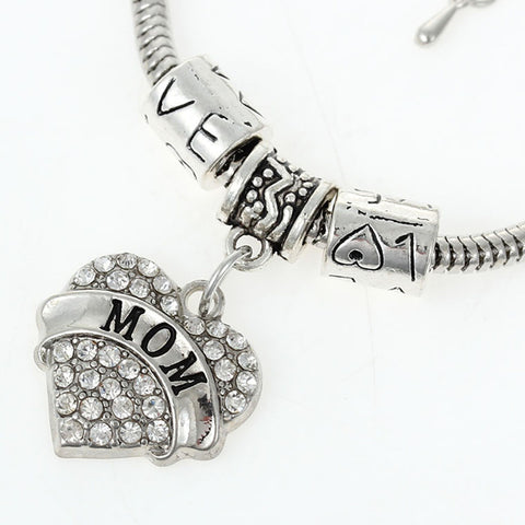 "Mom" European Snake Chain Charm Bracelet with Clear Heart Pendant and Love Spacer Beads - Sexy Sparkles Fashion Jewelry - 1