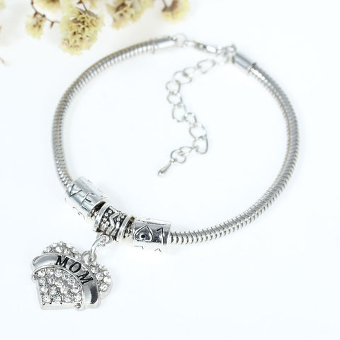 "Mom" European Snake Chain Charm Bracelet with Clear Heart Pendant and Love Spacer Beads - Sexy Sparkles Fashion Jewelry - 2