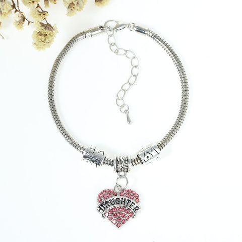 "Daughter" European Snake Chain Charm Bracelet with Pink Rhinestones Heart Pendant and Love Spacer Beads - Sexy Sparkles Fashion Jewelry - 3