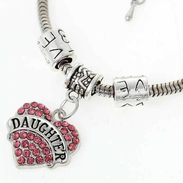 "Daughter" European Snake Chain Charm Bracelet with Pink Rhinestones Heart Pendant and Love Spacer Beads - Sexy Sparkles Fashion Jewelry - 1