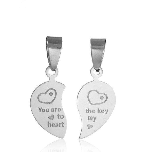 Stainless Steel Mens Womens Couple Pendants Broken Heart "You are the key to my heart " Carved - Sexy Sparkles Fashion Jewelry - 1
