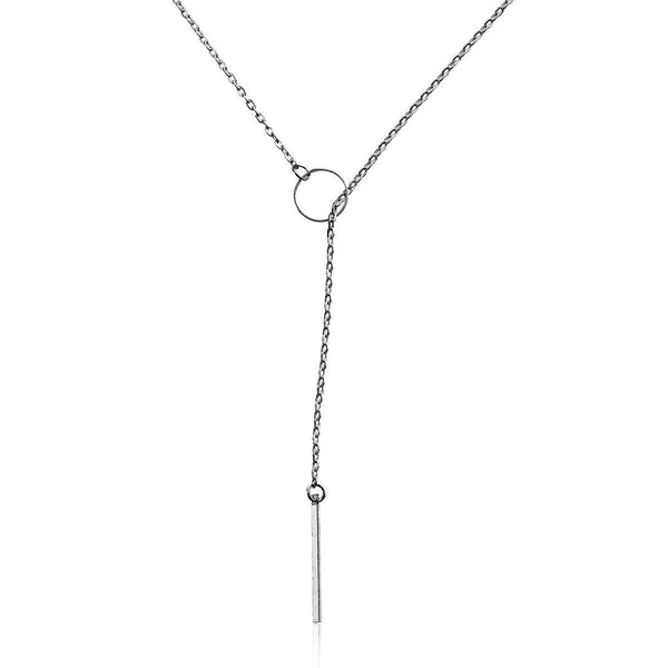 Y Shaped Lariat Necklace Link Cable Chain Silver Tone Circle With Rectangle Pendant - Sexy Sparkles Fashion Jewelry - 1