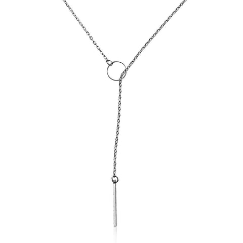 Y Shaped Lariat Necklace Link Cable Chain Silver Tone Circle With Rectangle Pendant - Sexy Sparkles Fashion Jewelry - 1
